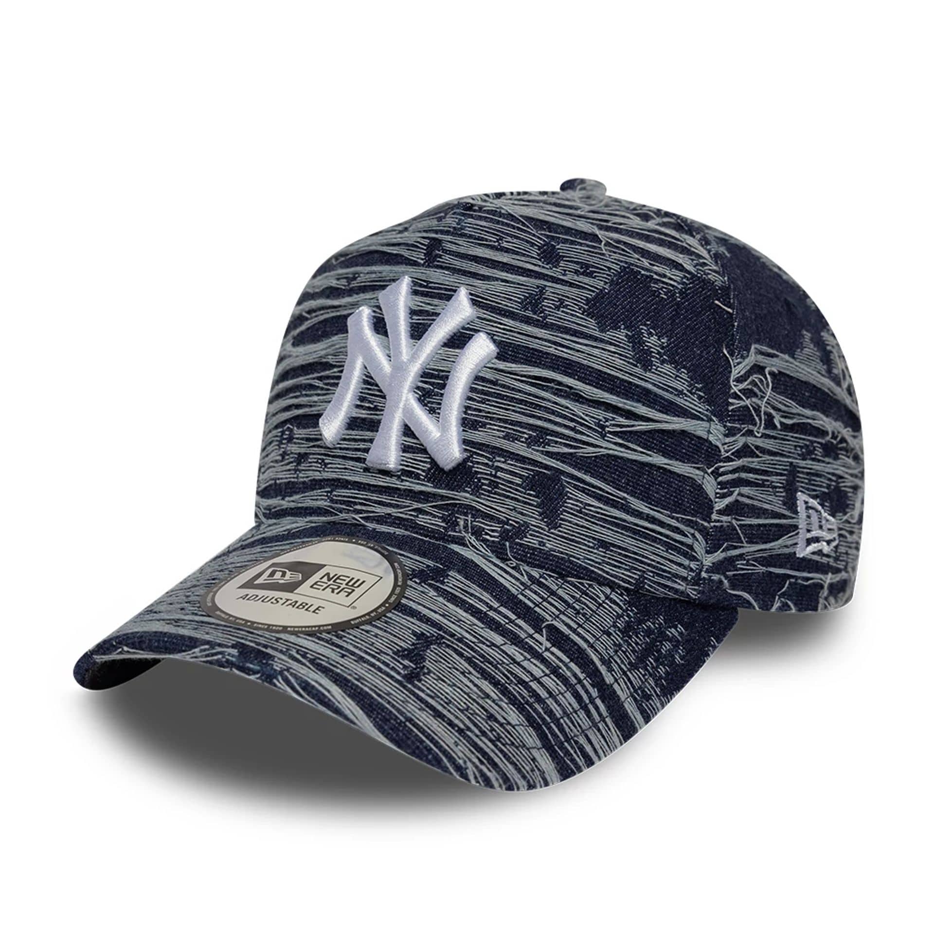 Pictured is this MLB Distressed Denim New York Yankees 9FORTY E-Frame Adjustable cap in navy. 1