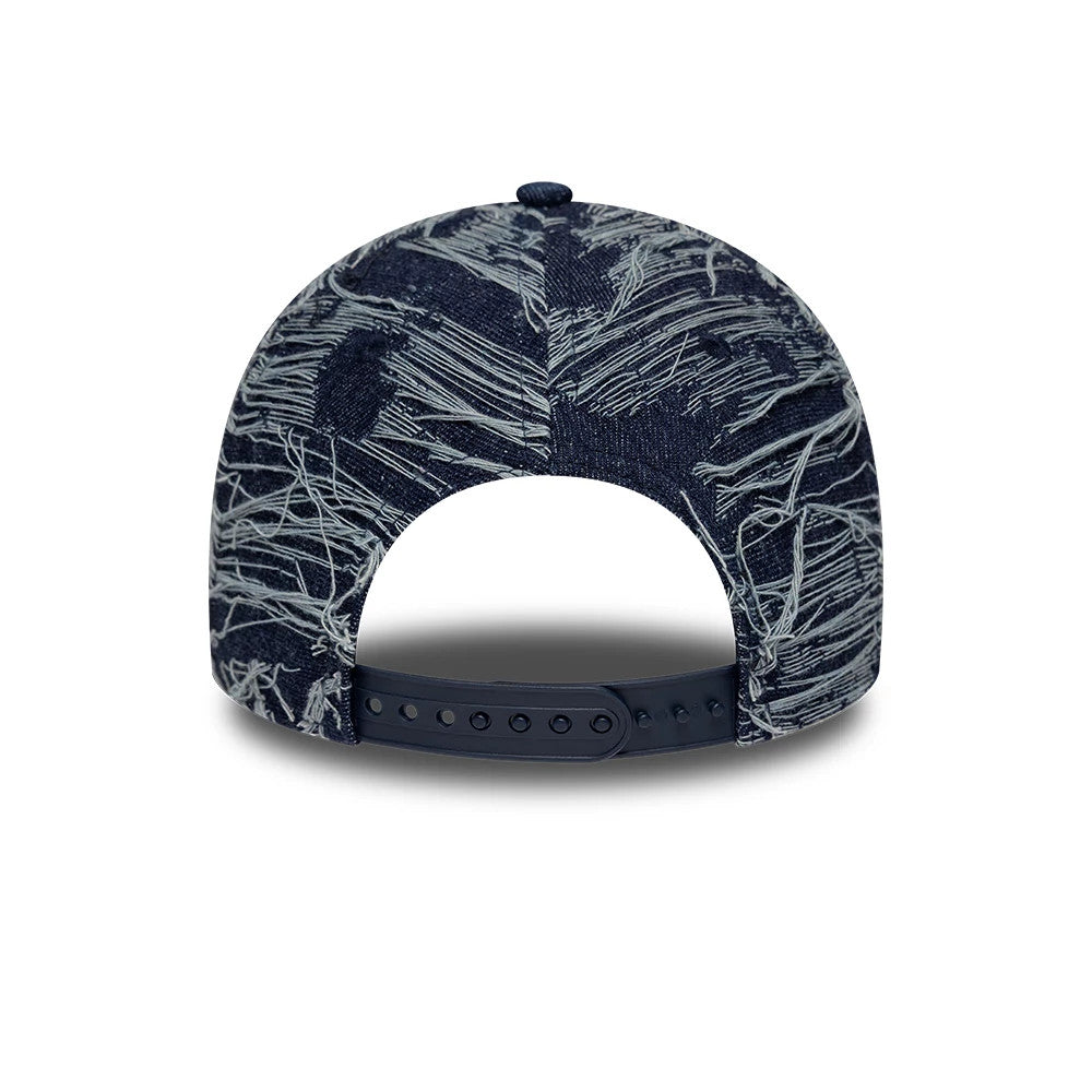 New York Yankees MLB Distressed Denim Navy New Era 9FORTY E-Frame Adjustable Cap, rear view showing the unique distressed denim texture on the back panels, complete with a navy adjustable strap and top button for a customised fit.