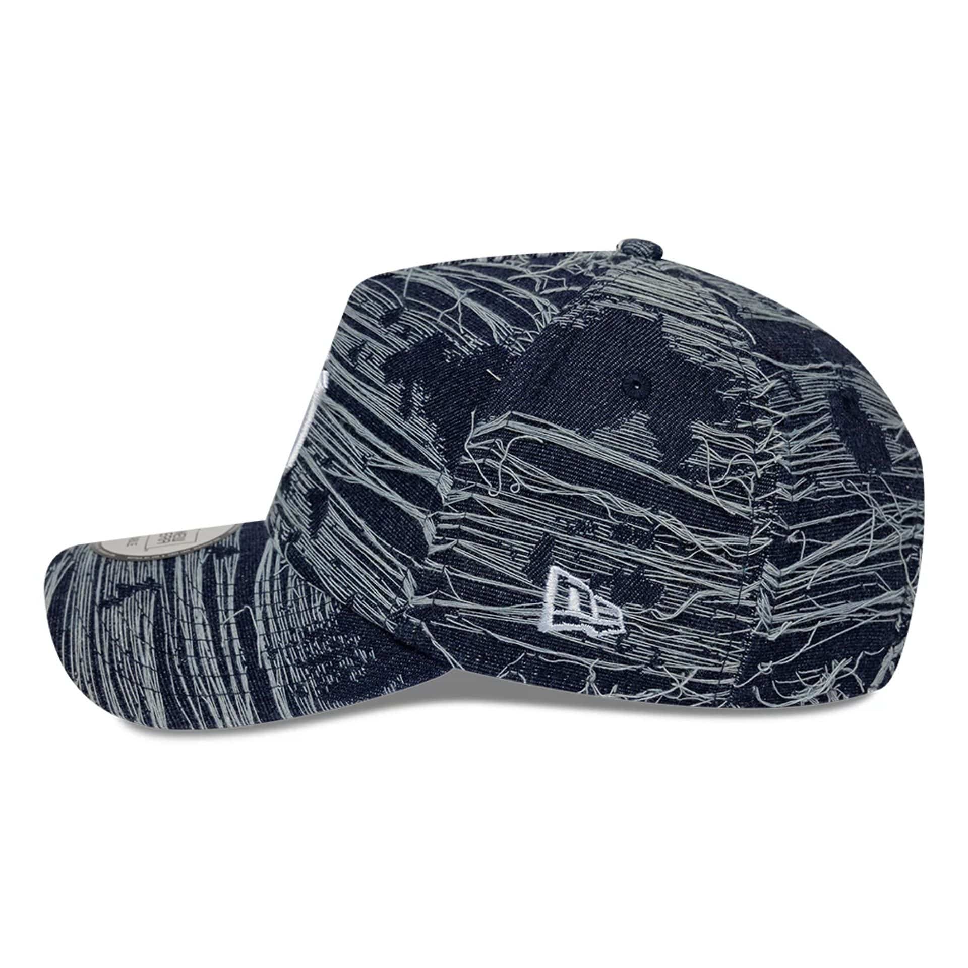 Pictured is this MLB Distressed Denim New York Yankees 9FORTY E-Frame Adjustable cap in navy. 5