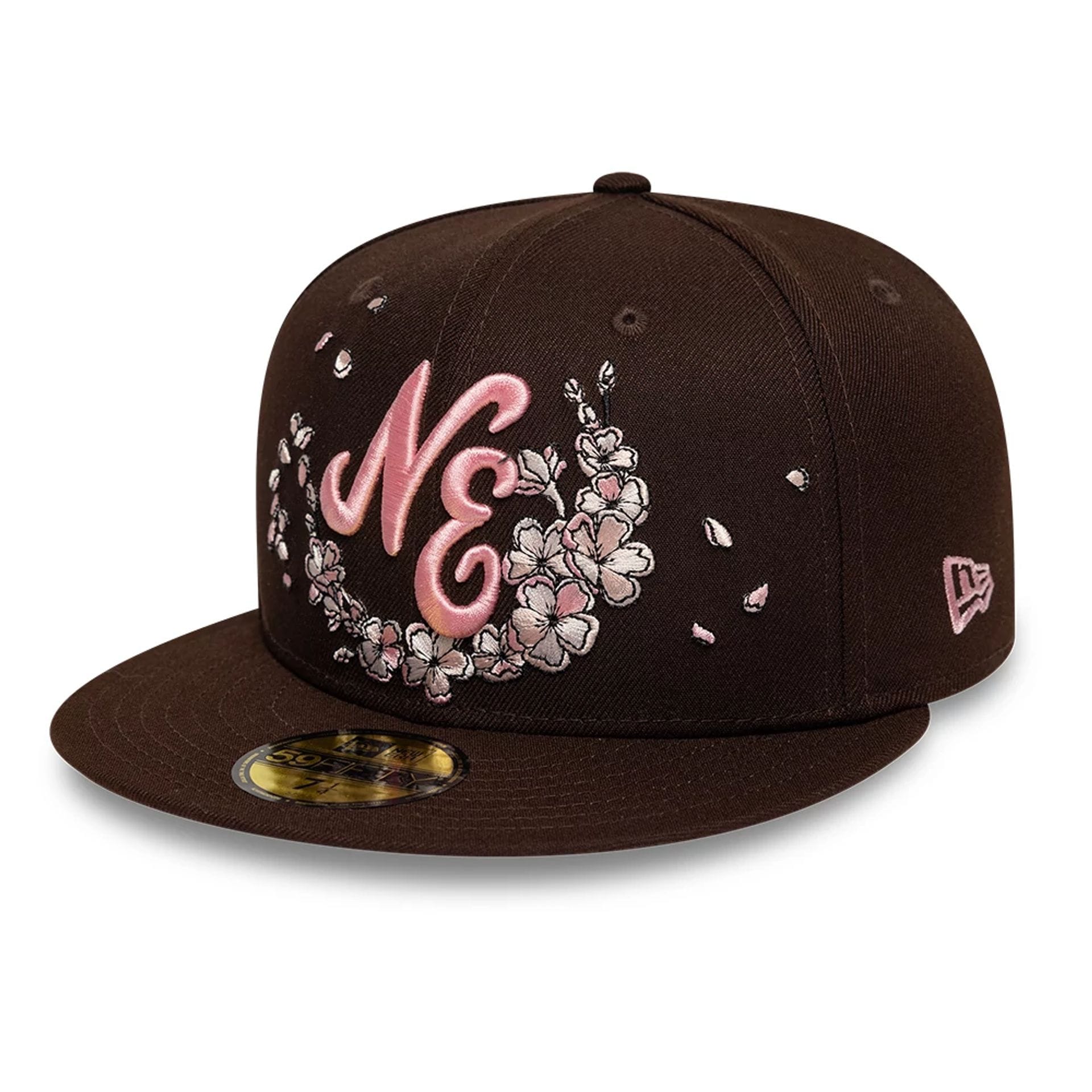 Pictured is this New Era Cherry Blossom 59FIFTY Fitted cap in dark brown. 1
