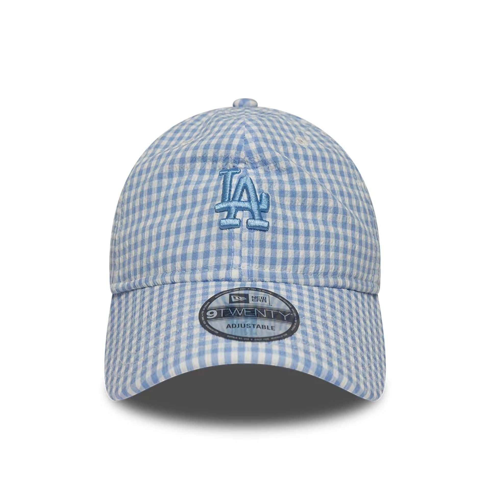 Pictured is this MLB Gingham Bowback LA Dodgers 9TWENTY Adjustable cap in pastel blue. 3