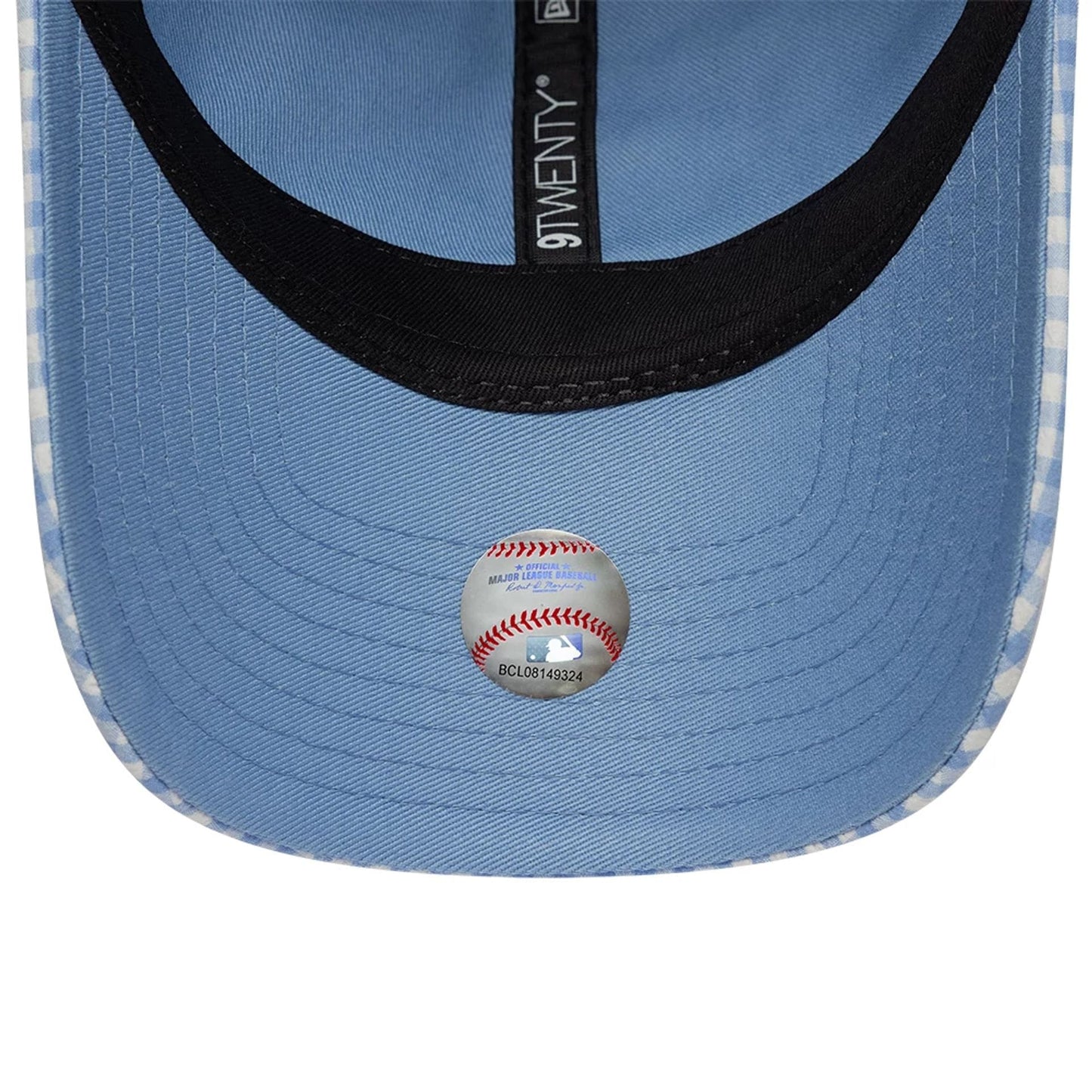 Pictured is this MLB Gingham Bowback LA Dodgers 9TWENTY Adjustable cap in pastel blue. 7