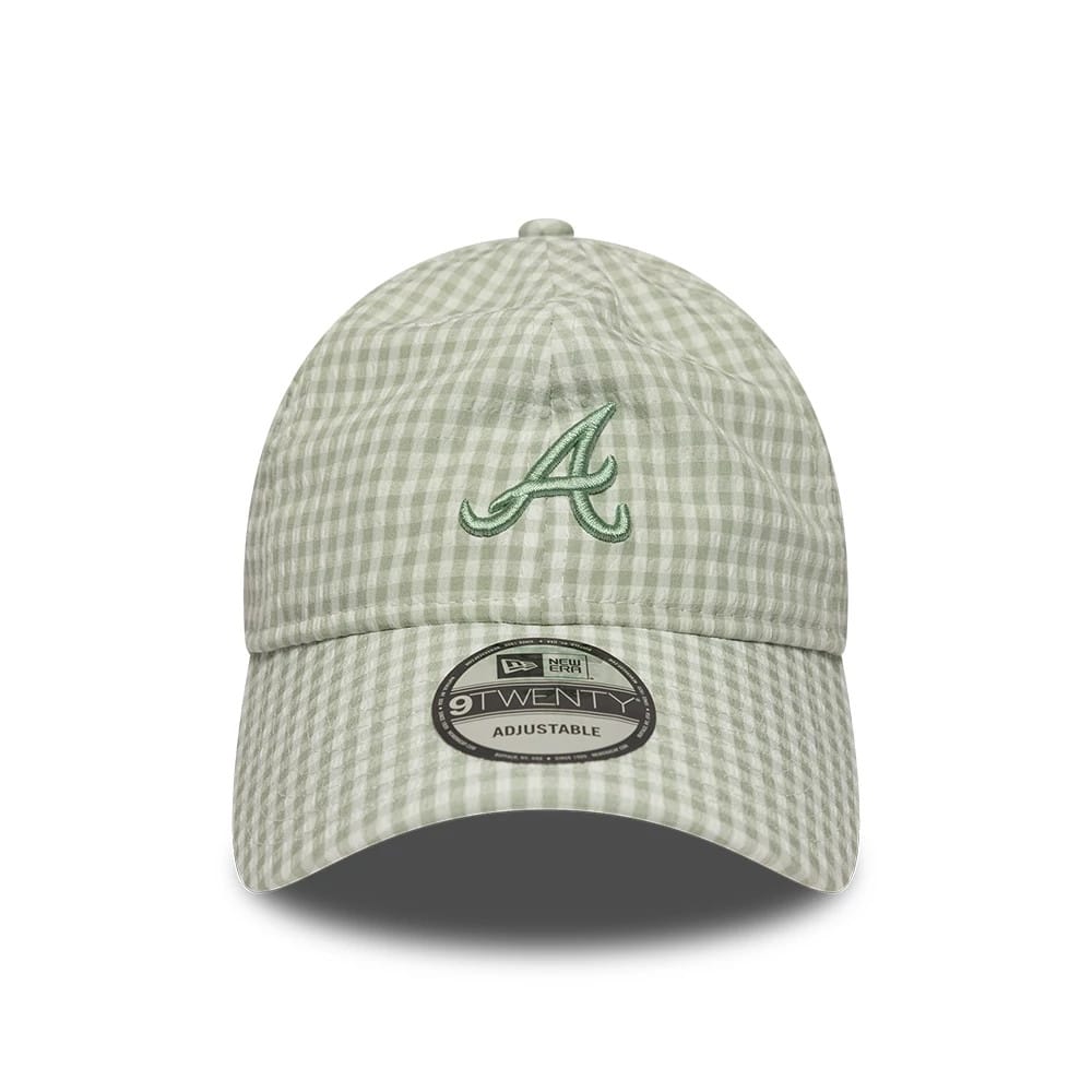 Pictured is this MLB Gingham Bowback Atlanta Braves 9TWENTY Adjustable cap in pastel green. 3