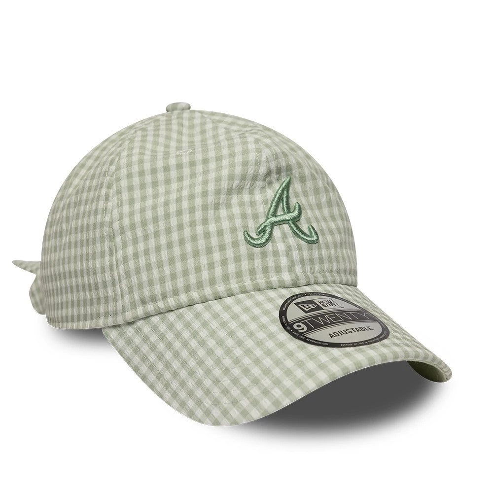 Atlanta Braves MLB Gingham Bowback Pastel Green New Era 9TWENTY Adjustable Cap, front view showing the green embroidered A logo on the front panel, pastel green gingham pattern on the structured crown, and a 9TWENTY size sticker on the curved visor.