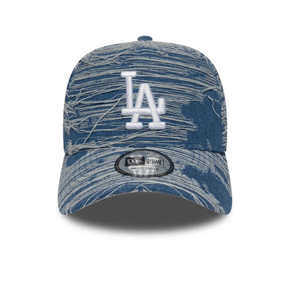 LA Dodgers MLB Distressed Denim Blue New Era 9FORTY E-Frame Adjustable Cap, front view showing a raised white embroidered LA logo on the structured distressed denim crown, with a curved visor and a 9FORTY size sticker on the visor.