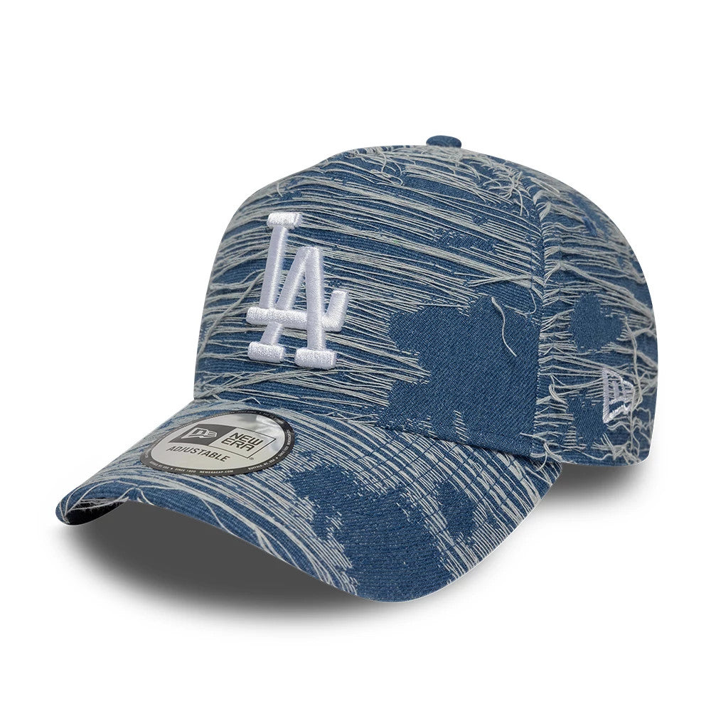 LA Dodgers MLB Distressed Denim Blue New Era 9FORTY E-Frame Adjustable Cap, front view showing the white raised embroidered LA logo on the denim blue front panel, with a 9FORTY size sticker on the curved visor and New Era flag on the left side.