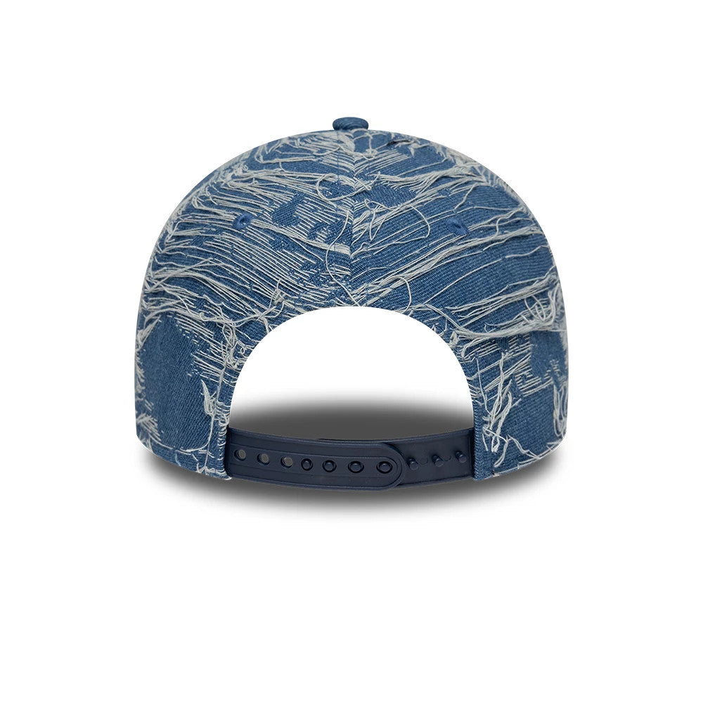 LA Dodgers MLB Distressed Denim Blue New Era 9FORTY E-Frame Adjustable Cap, rear view showing the distressed denim pattern across the structured crown, with a navy snapback closure and matching top button.