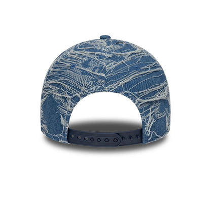 LA Dodgers MLB Distressed Denim Blue New Era 9FORTY E-Frame Adjustable Cap, rear view showing the distressed denim pattern across the structured crown, with a navy snapback closure and matching top button.