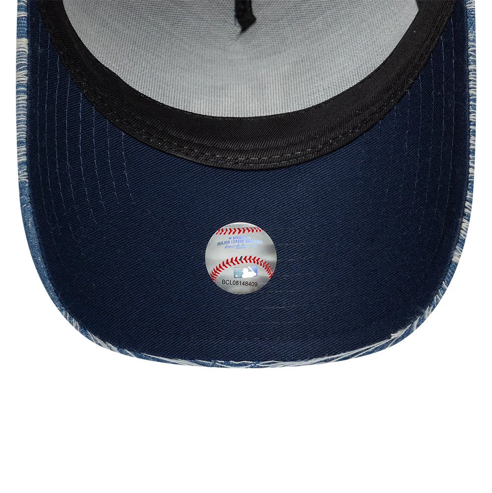 Pictured is this MLB Distressed Denim LA Dodgers 9FORTY E-Frame Adjustable cap in blue. 7