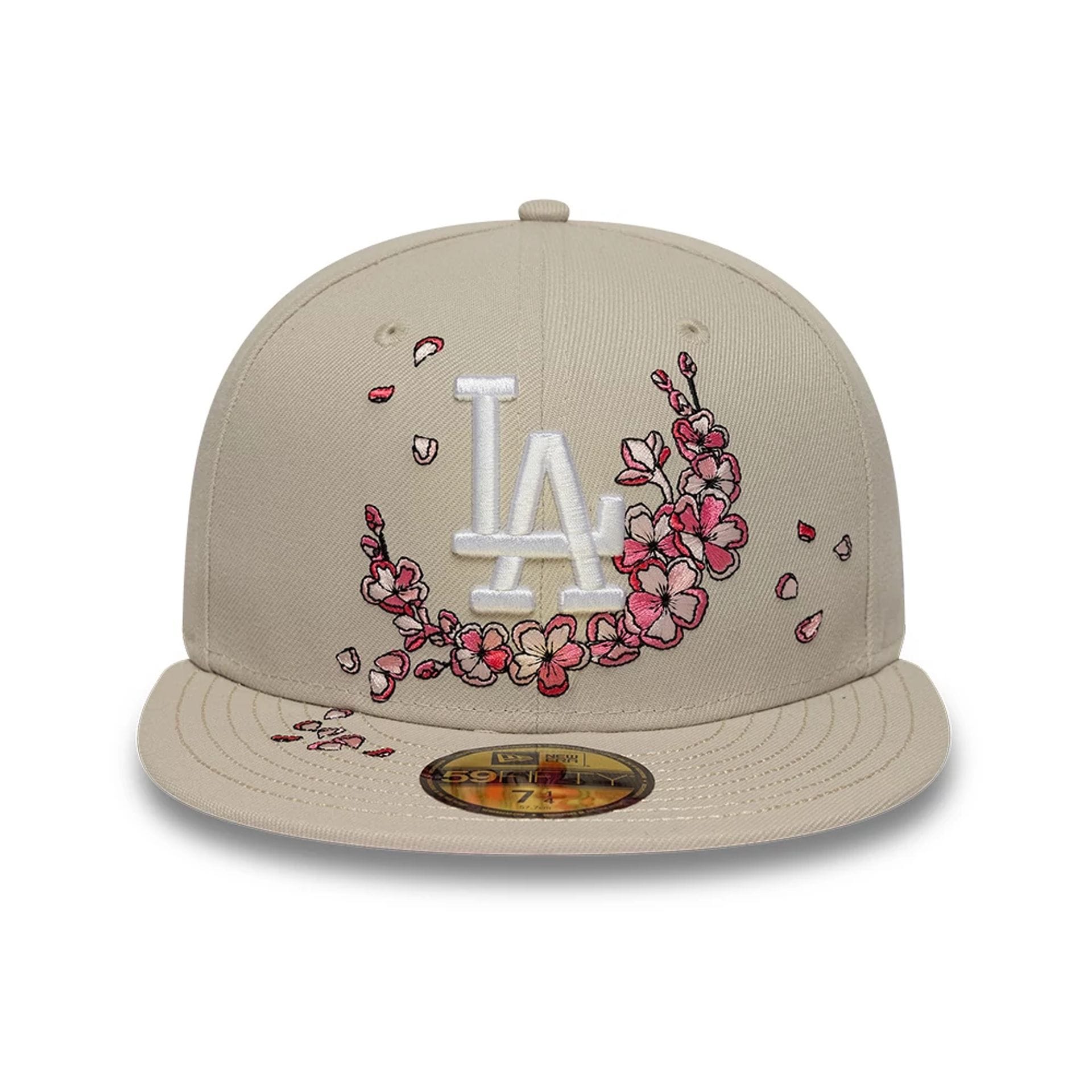 Pictured is this MLB Cherry Blossom LA Dodgers 59FIFTY Fitted cap in Cream. 3