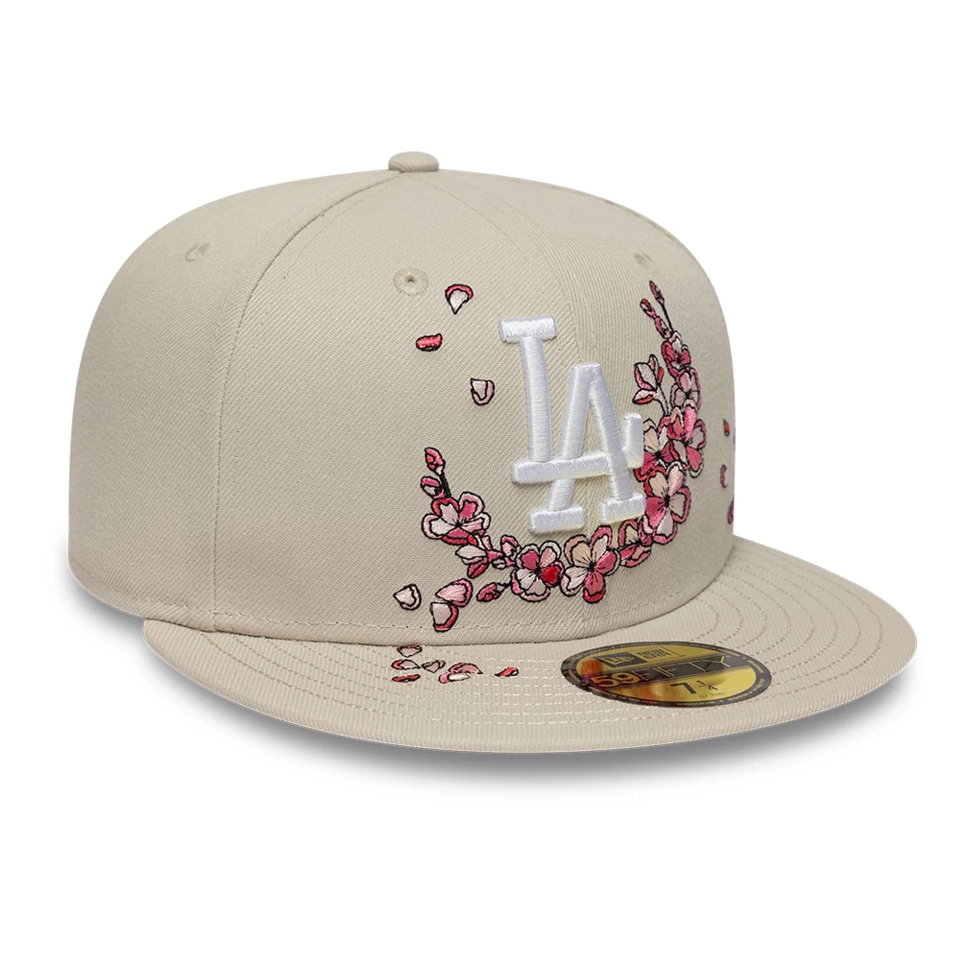 Pictured is this MLB Cherry Blossom LA Dodgers 59FIFTY Fitted cap in Cream. 4