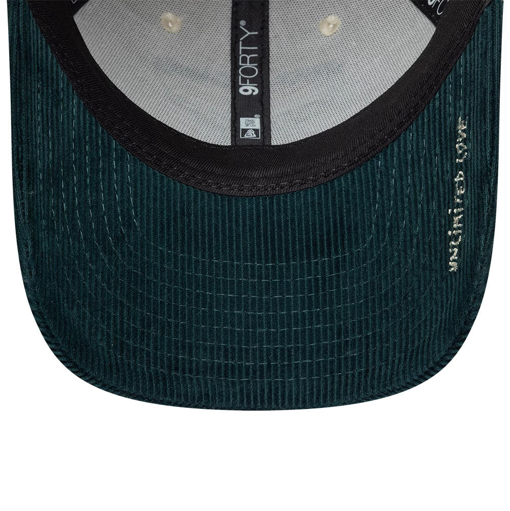 New Era X Zadig & Voltaire Cord Cream & Dark Green 9FORTY Adjustable Cap, inside view showing black taping with the 9FORTY logo, a black sweatband, and a dark green corduroy undervisor with gold Zadig & Voltaire lettering on the edge.