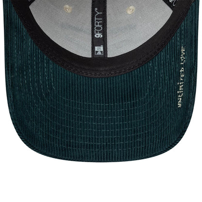 New Era X Zadig & Voltaire Cord Cream & Dark Green 9FORTY Adjustable Cap, inside view showing black taping with the 9FORTY logo, a black sweatband, and a dark green corduroy undervisor with gold Zadig & Voltaire lettering on the edge.