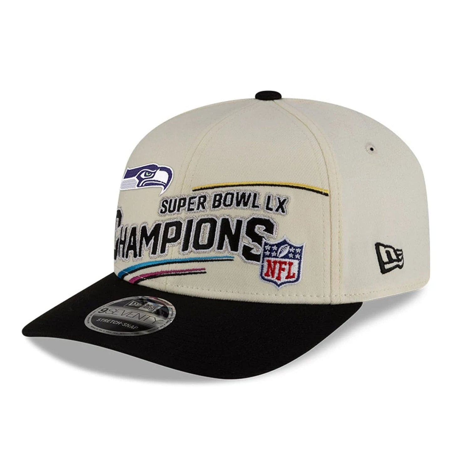 Pictured is this Seattle Seahawks NFL Super Bowl 2026 Champions 9SEVENTY Stretch Snap Adjustable cap in white. 4