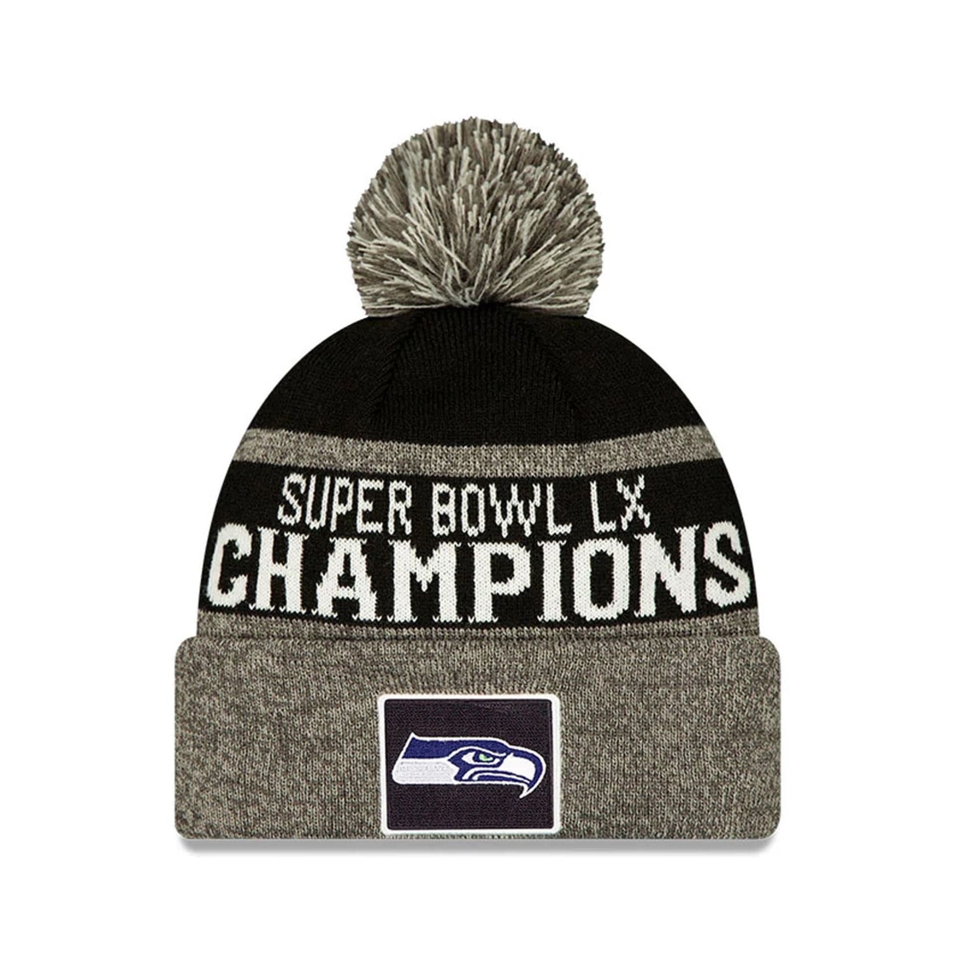 Pictured is this Seattle Seahawks NFL Super Bowl 2026 Parade Cuff Knit Beanie hat in black. 1