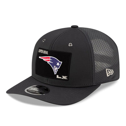 Pictured is this New England Patriots Super Bowl 2026 On Field Charcoal 9SEVENTY Stretch Snap Adjustable cap. 3