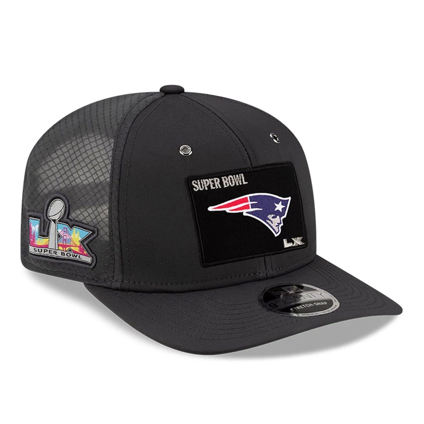 Pictured is this New England Patriots Super Bowl 2026 On Field Charcoal 9SEVENTY Stretch Snap Adjustable cap. 1