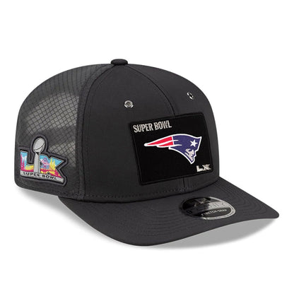 Pictured is this New England Patriots Super Bowl 2026 On Field Charcoal 9SEVENTY Stretch Snap Adjustable cap. 1