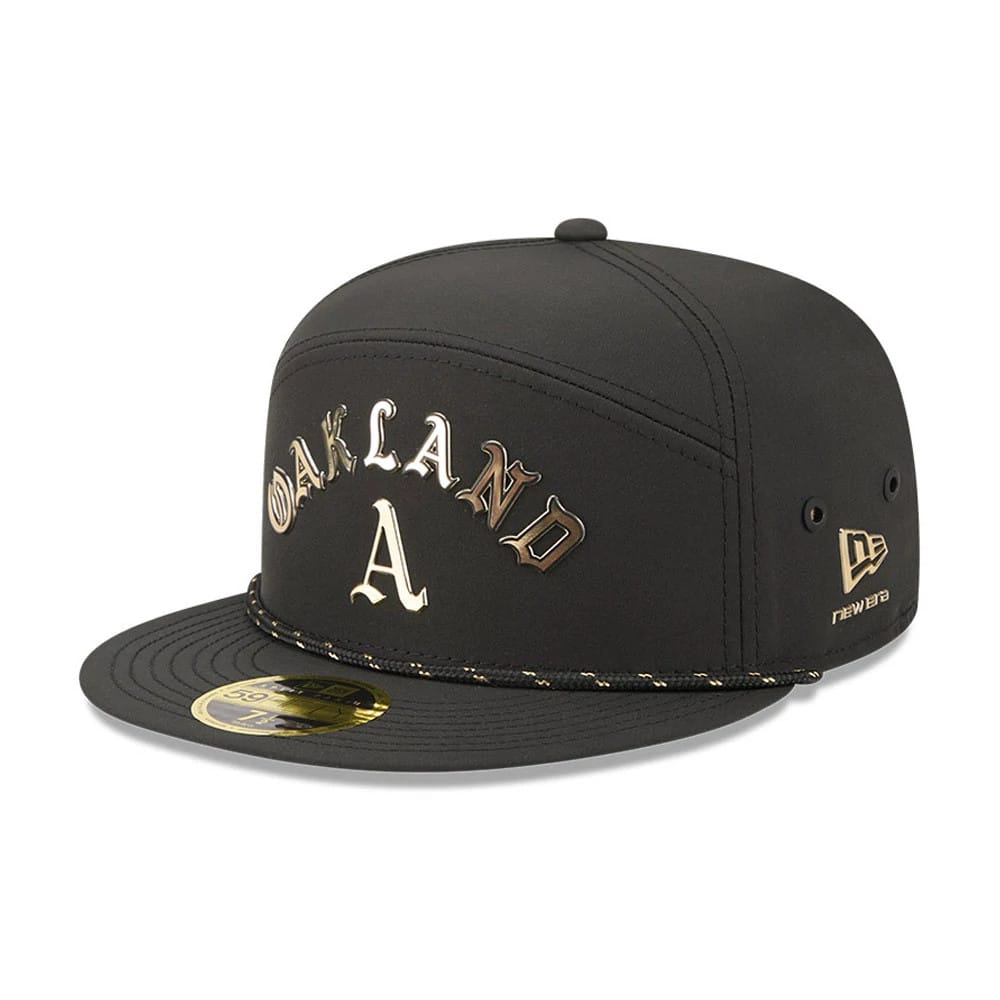Pictured is this MLB 59FIFTY Day Athletics Split Panel 59FIFTY Fitted cap in black. 1