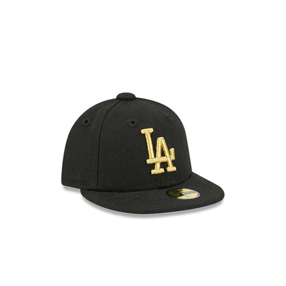LA Dodgers MLB 59FIFTY Day Black New Era Mini 59FIFTY Fitted Cap, front view showing a gold embroidered LA logo on the structured black crown, a curved black visor, and a gold 59FIFTY size sticker prominently displayed on the top.