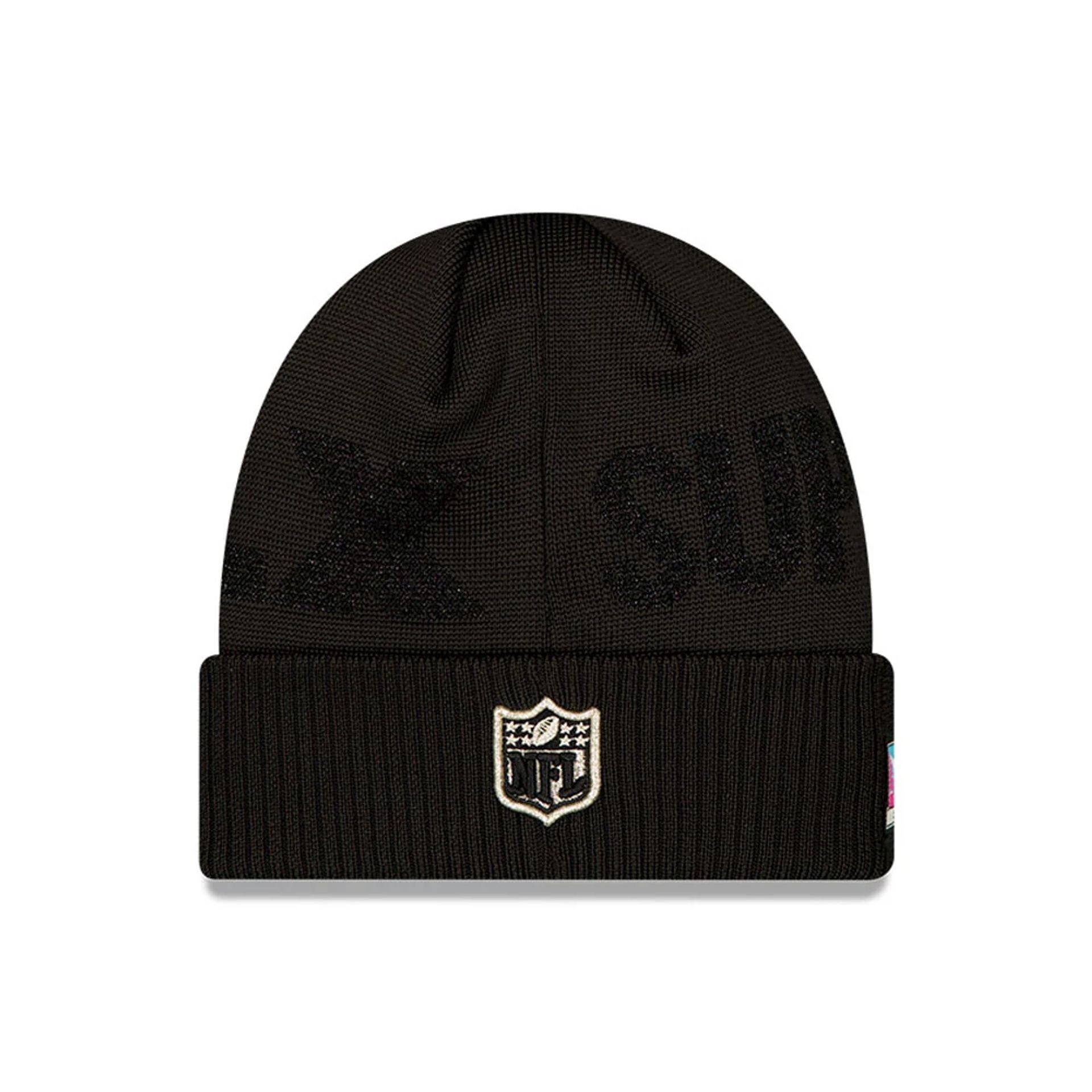 Pictured is this New England Patriots Super Bowl 2026 On Field Black Cuff Knit Beanie hat. 2