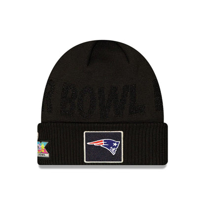 Pictured is this New England Patriots Super Bowl 2026 On Field Black Cuff Knit Beanie hat. 1