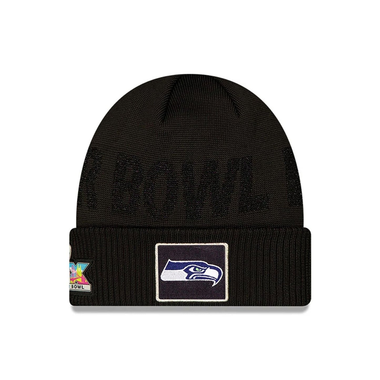 Pictured is this Seattle Seahawks Super Bowl 2026 On Field Black Cuff Knit Beanie hat. 1