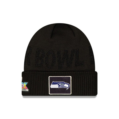 Pictured is this Seattle Seahawks Super Bowl 2026 On Field Black Cuff Knit Beanie hat. 1