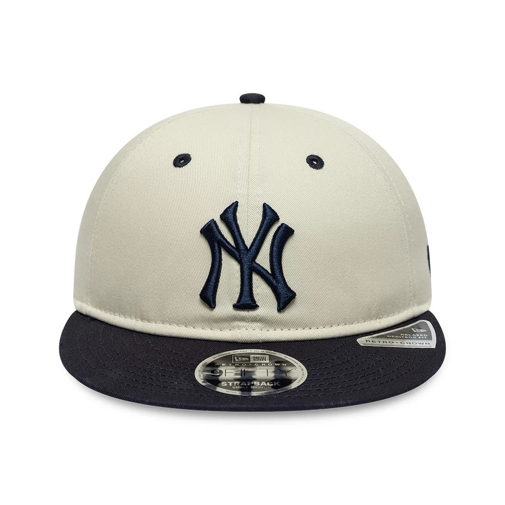 New York Yankees MLB Light Beige & Navy Retro Crown New Era 9FIFTY Adjustable Cap, front view showing the raised navy NY logo embroidered on the light beige front panels, with a navy flat visor and 9FIFTY size sticker.