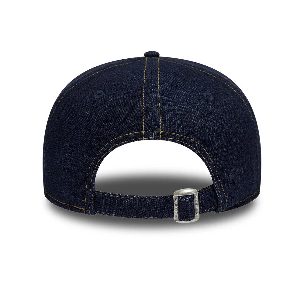 New York Yankees MLB Denim Navy New Era 19TWENTY Adjustable Cap, rear view showing the navy denim fabric with contrast gold stitching on the crown, a silver buckle on the adjustable strap, and a curved back opening.