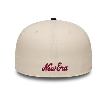 New Era Patch Cord Cream & Black 59FIFTY Fitted Cap, rear view showing a burgundy embroidered New Era logo centred on the cream back panel of the structured crown, with matching burgundy top button and eyelets.