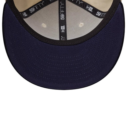New Era Patch Cord Cream & Black 59FIFTY Fitted Cap, inside view showing the white taping with frequent 59FIFTY logos, beige sweatband, black undervisor, and two cream-coloured eyelets on the structured inner crown.