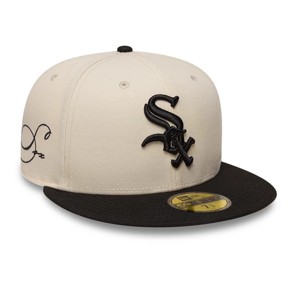 Pictured is this MLB Side Script Chicago White Sox 59FIFTY Fitted cap in Cream. 1
