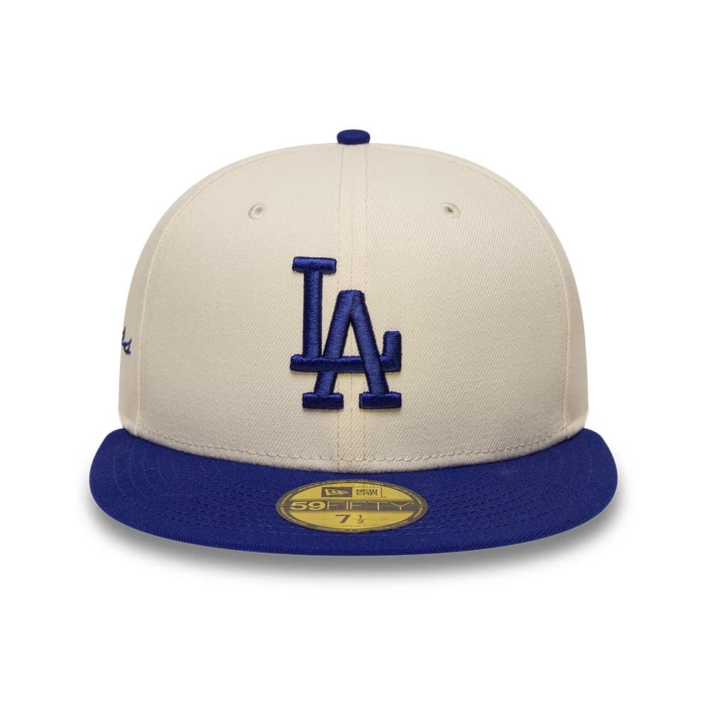 Pictured is this MLB Side Script LA Dodgers 59FIFTY Fitted cap in Cream. 2