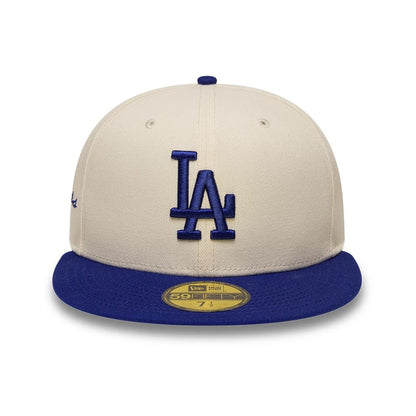 Pictured is this MLB Side Script LA Dodgers 59FIFTY Fitted cap in Cream. 2