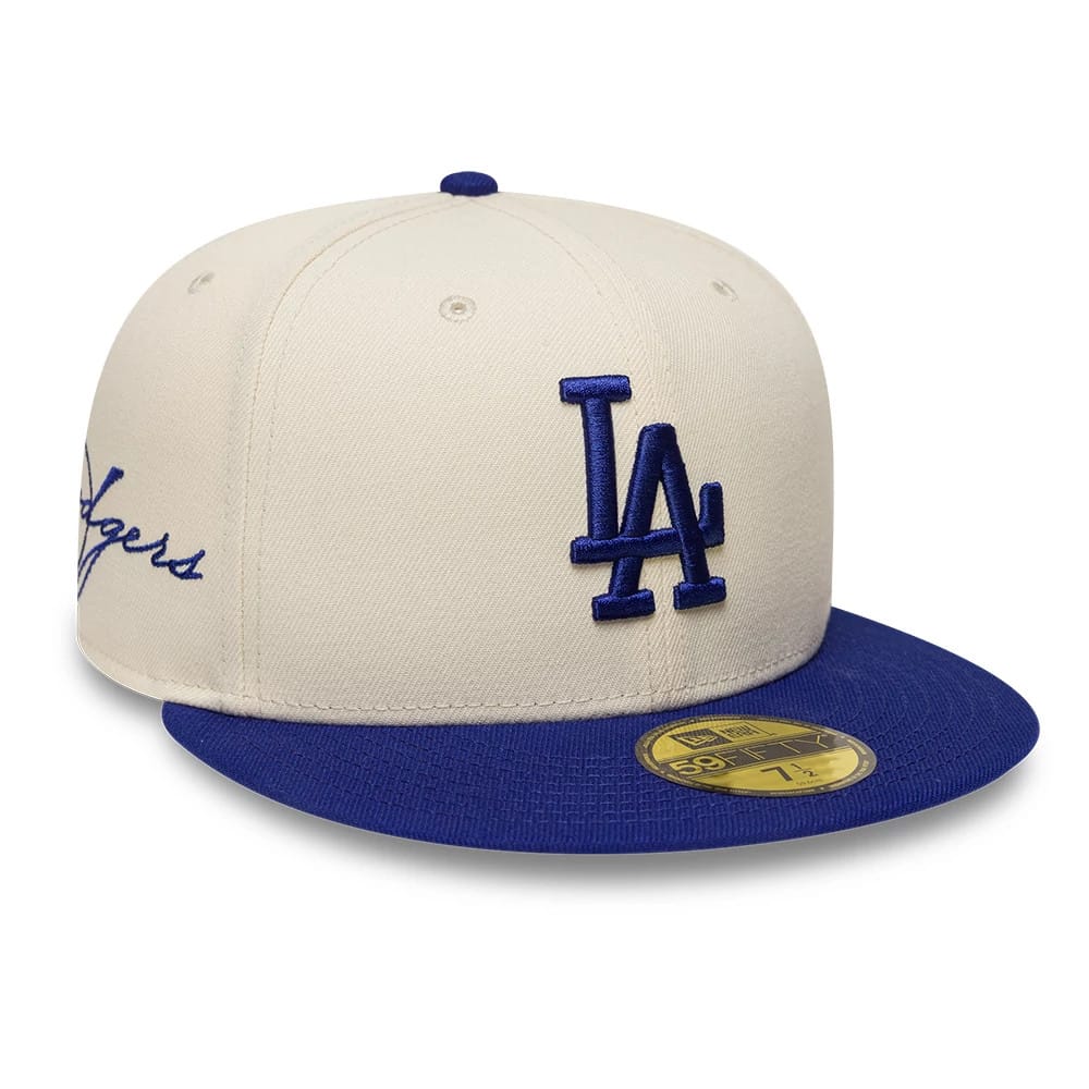 Pictured is this MLB Side Script LA Dodgers 59FIFTY Fitted cap in Cream. 1