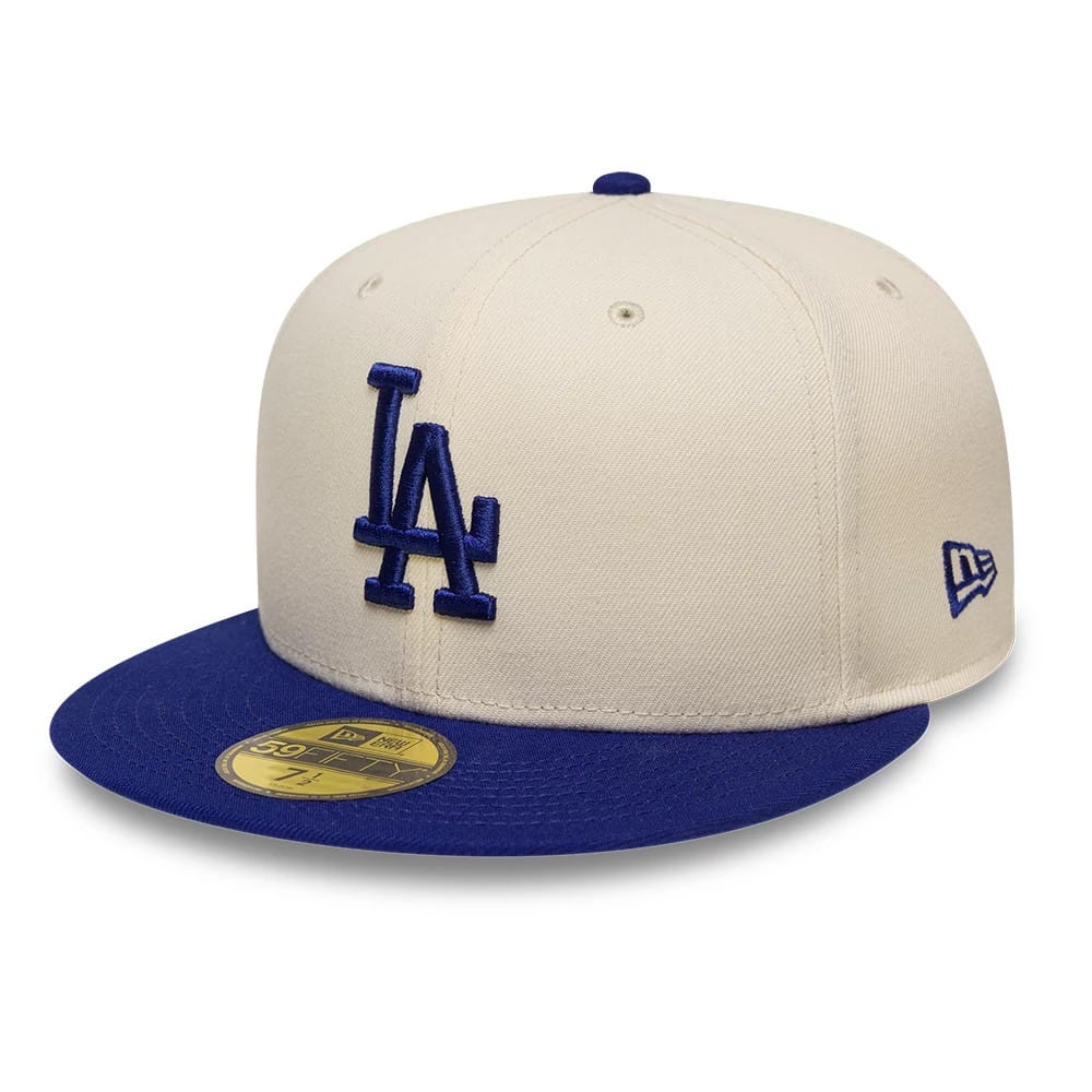 Pictured is this MLB Side Script LA Dodgers 59FIFTY Fitted cap in Cream. 4