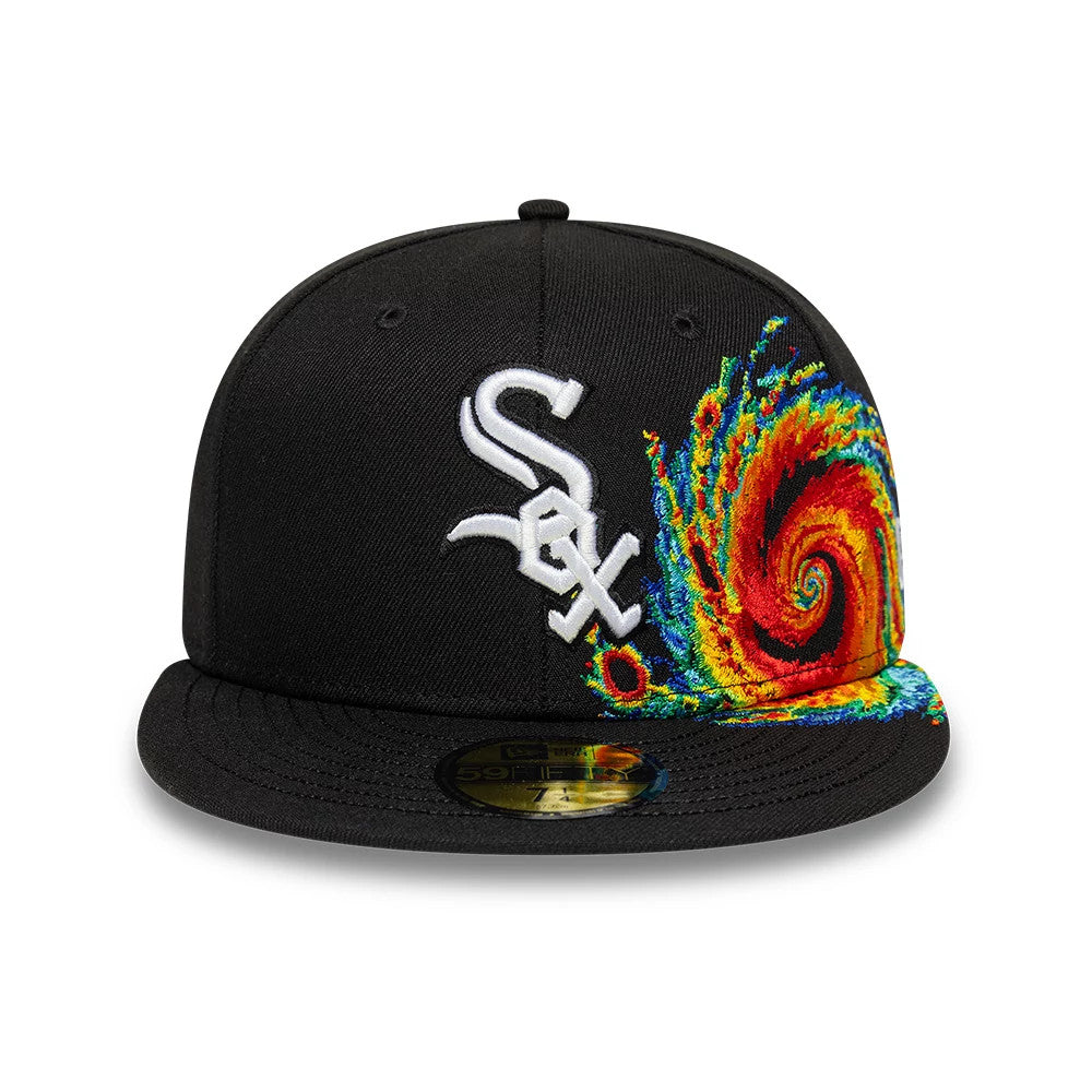 Chicago White Sox MLB Storm Pattern Black New Era 59FIFTY Fitted Cap, front view showing the prominent white embroidered Sox logo on the structured black crown, multicoloured storm pattern on the right side.
