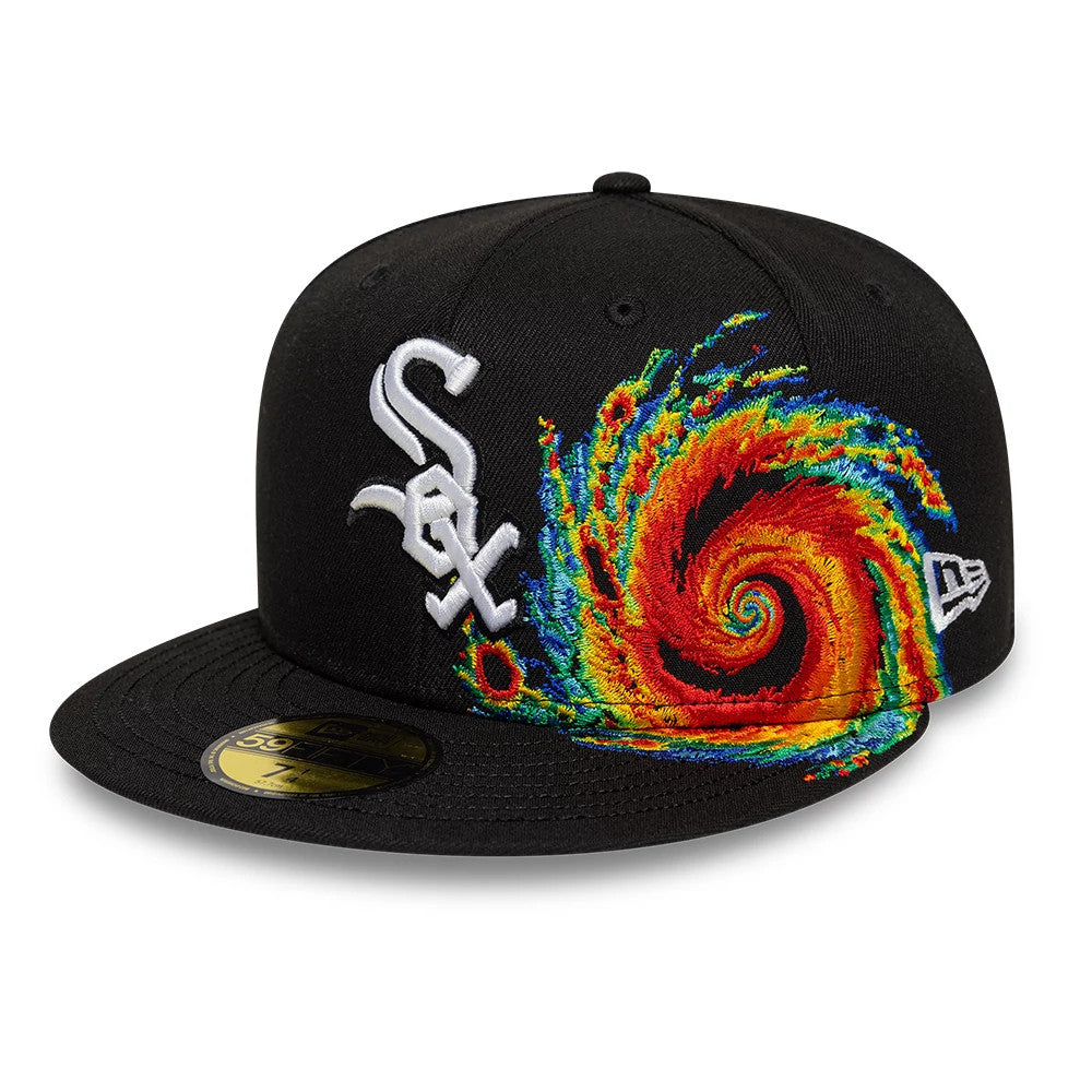 Chicago White Sox MLB Storm Pattern Black New Era 59FIFTY Fitted Cap, front view showing white Sox logo embroidered on the front panel, paired with a colourful embroidered storm pattern.