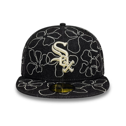 Chicago White Sox MLB Floral Denim Black New Era 59FIFTY Fitted Cap, front view showing the prominent white embroidered team logo on the black floral denim front panels, with a flat visor and a gold 59FIFTY size sticker on top.