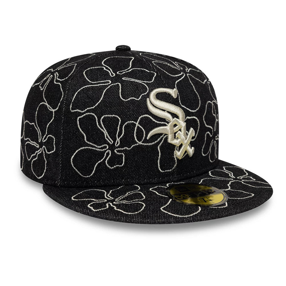 Pictured is this MLB Floral Denim Chicago White Sox 59FIFTY Fitted cap in black. 3
