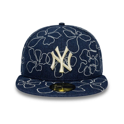 Pictured is this MLB Floral Denim New York Yankees 59FIFTY Fitted cap in blue. 2