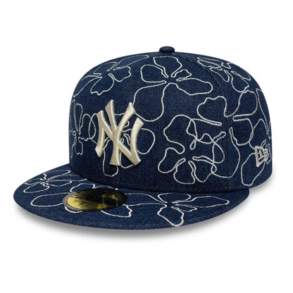 Pictured is this MLB Floral Denim New York Yankees 59FIFTY Fitted cap in blue. 1
