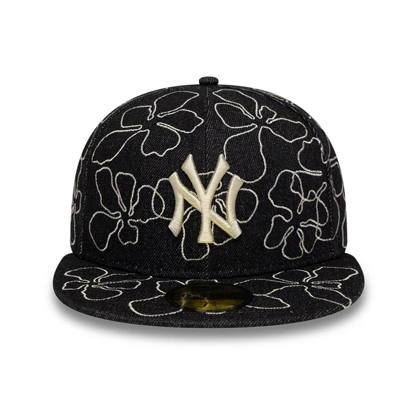 Pictured is this MLB Floral Denim New York Yankees 59FIFTY Fitted cap in black. 2