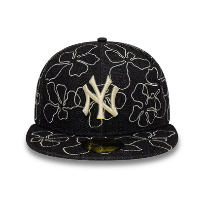 Pictured is this MLB Floral Denim New York Yankees 59FIFTY Fitted cap in black. 2