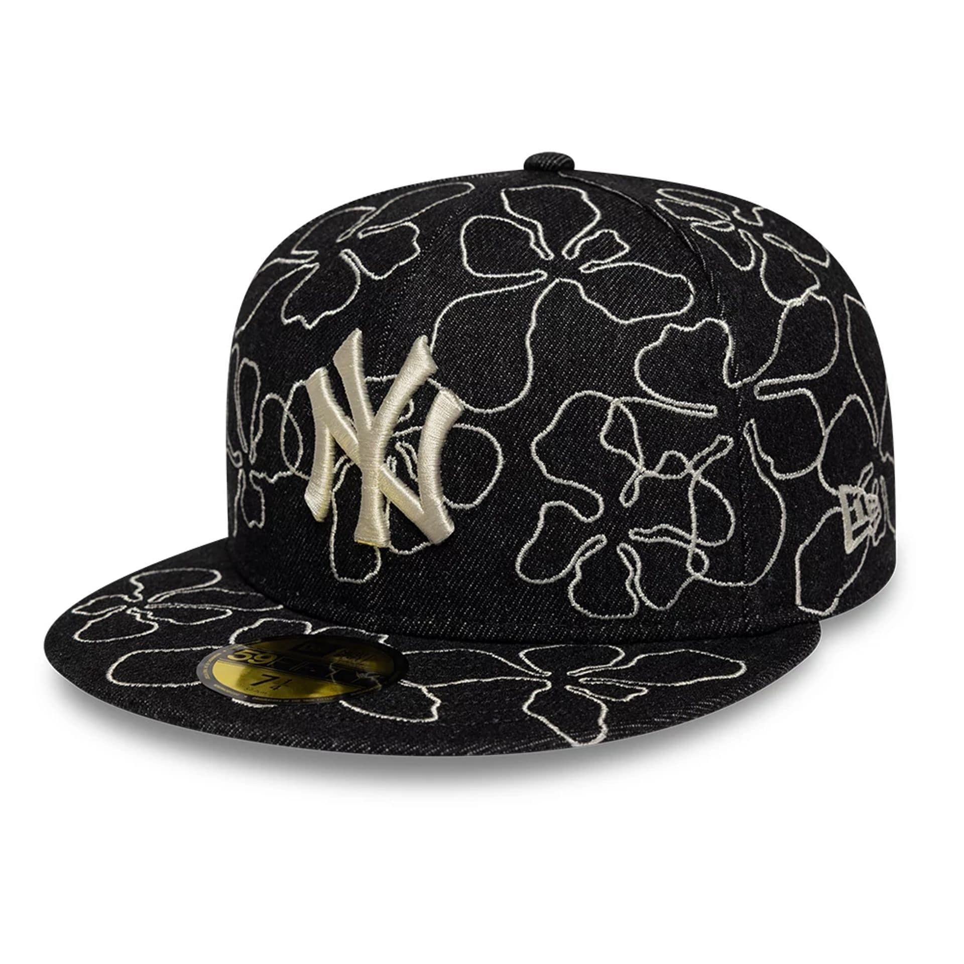 Pictured is this MLB Floral Denim New York Yankees 59FIFTY Fitted cap in black. 1