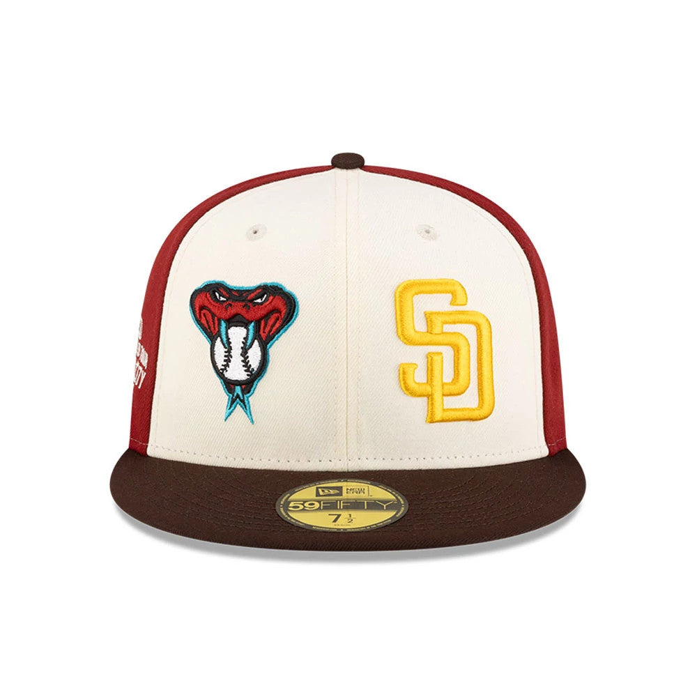 Dueling League MLB Mexico City Series 2026 White New Era 59FIFTY Fitted Cap, front view showing a snake head logo in red and turquoise embroidery, yellow SD lettering on the front panels, and a brown flat visor with a gold 59FIFTY size sticker.