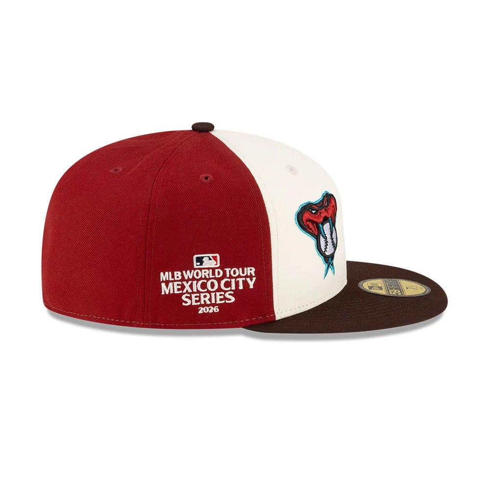 Pictured is this MLB Mexico City Series 2026 MLB Dueling League Logos 59FIFTY Fitted cap in white. 4
