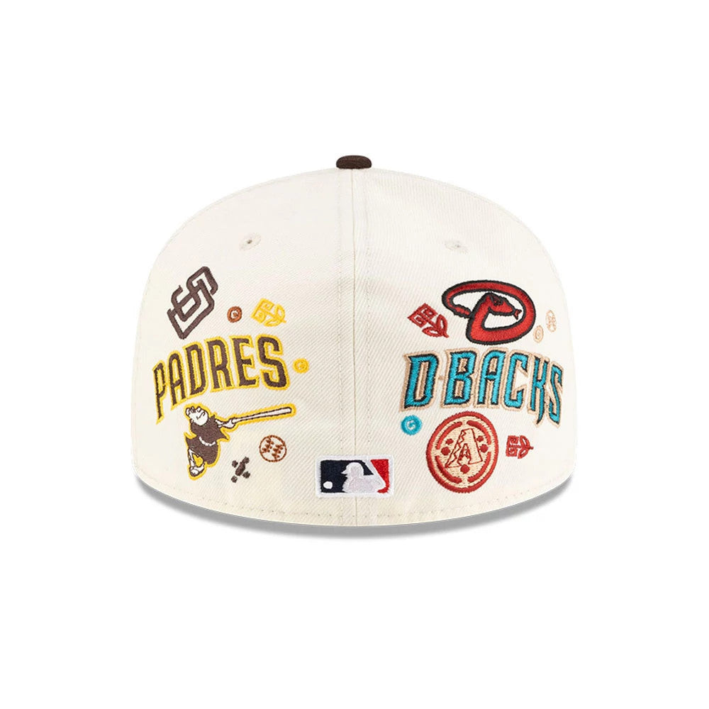 All Over MLB Mexico City Series 2026 White New Era 59FIFTY Fitted Cap, rear view showing embroidered graphics of Padres and Diamondbacks logos on the structured white crown, with an MLB Batterman logo at the centre of the back panels.