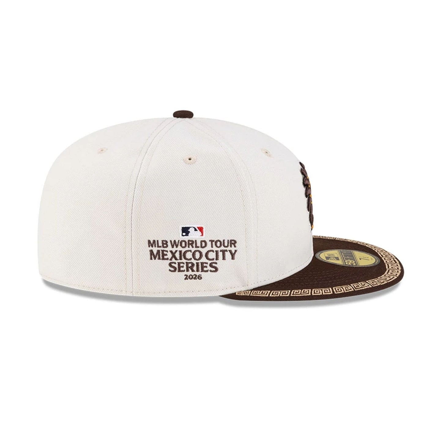 Pictured is this MLB Mexico City Series 2026 San Diego Padres 59FIFTY Fitted cap in light beige. 6